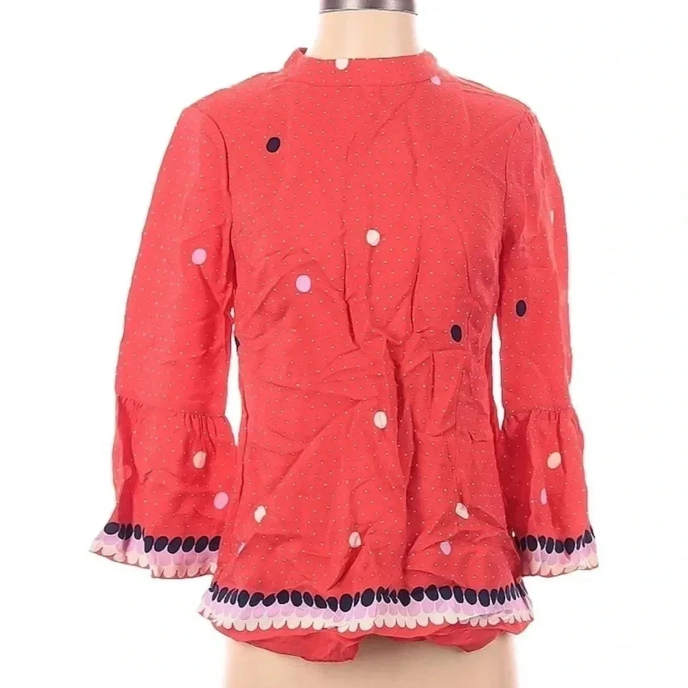 Boden Red Polka Dot 3/4 Sleeves Ruffle Bell Sleeves Blouse Women’s Size 4 Small - Picture 2 of 4